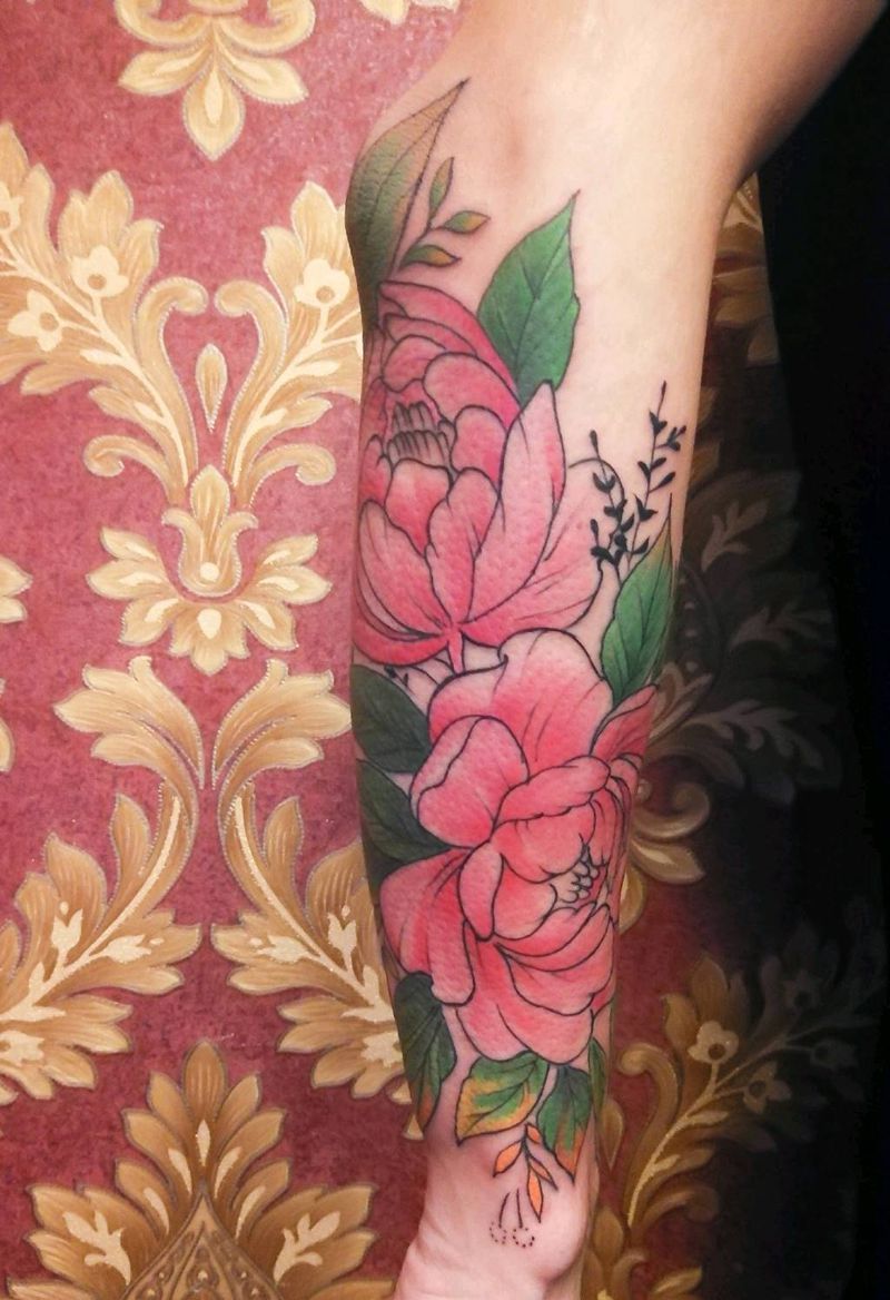 彩色素花纹身图片_手臂新传统水彩牡丹素花纹身图案