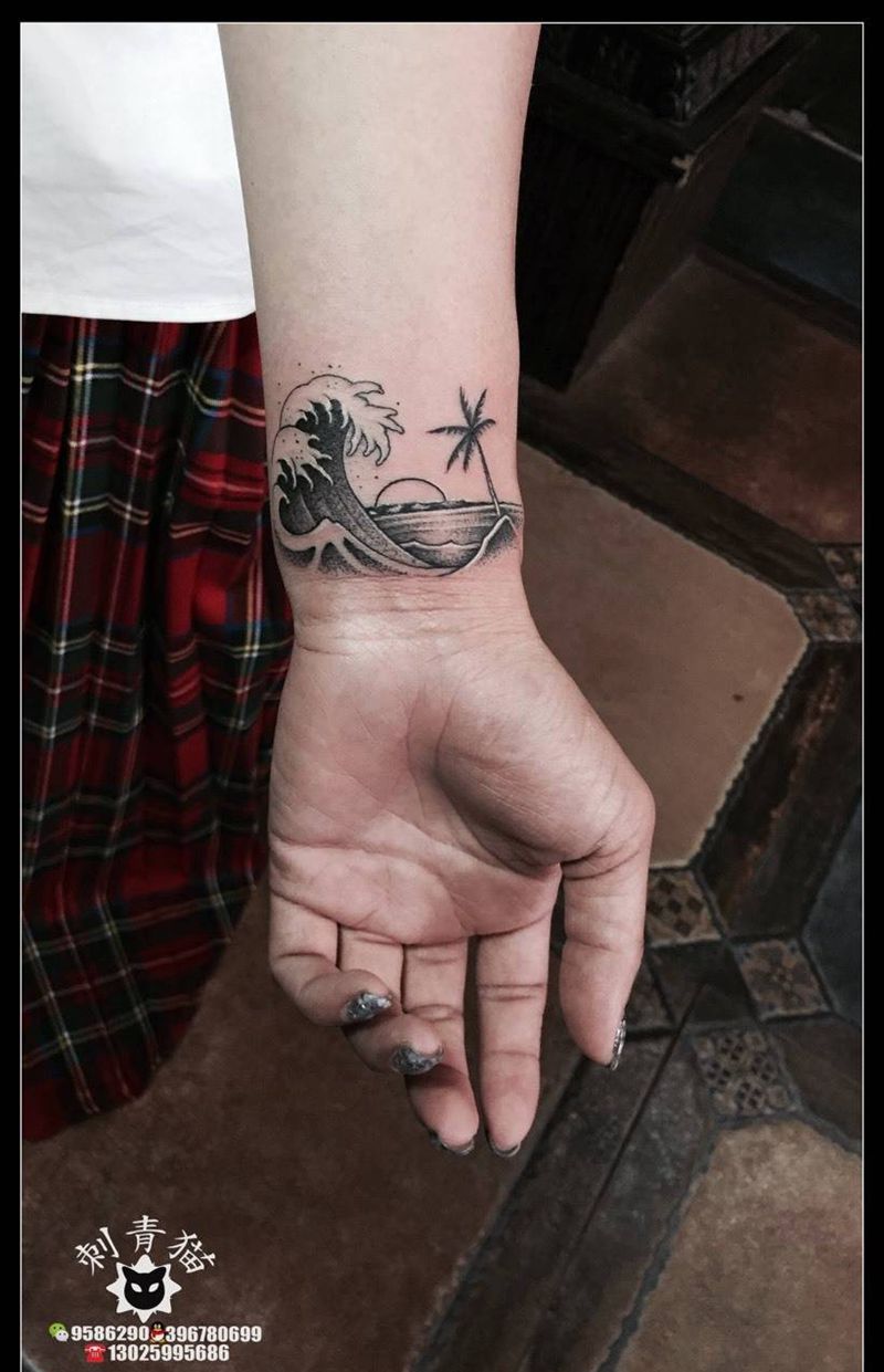 海滩纹身图片_成品手臂手部欧美清新植物点线点刺纹身图案