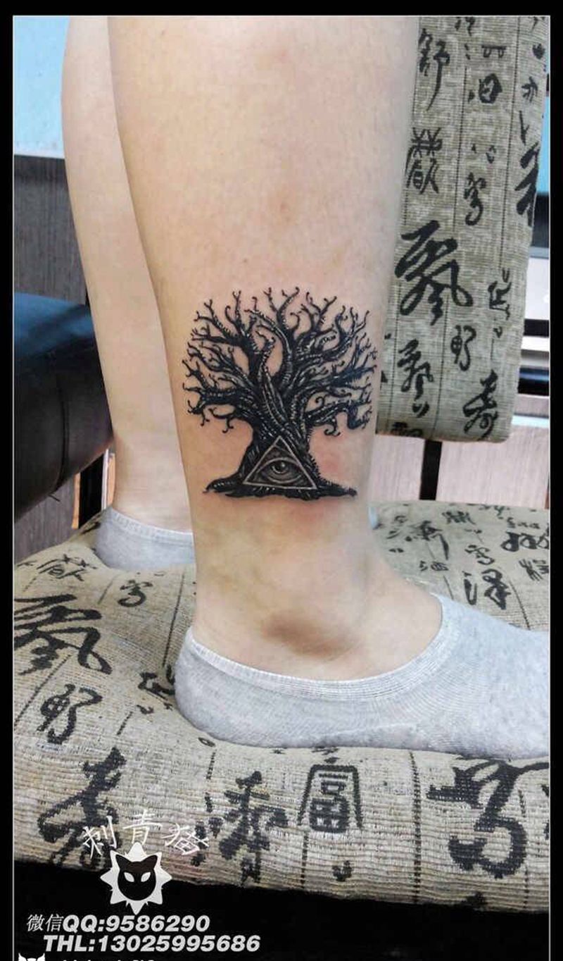 上帝之眼.生命之树.纹身图片_成品腿部脚部欧美清新眼睛植物纹身图案
