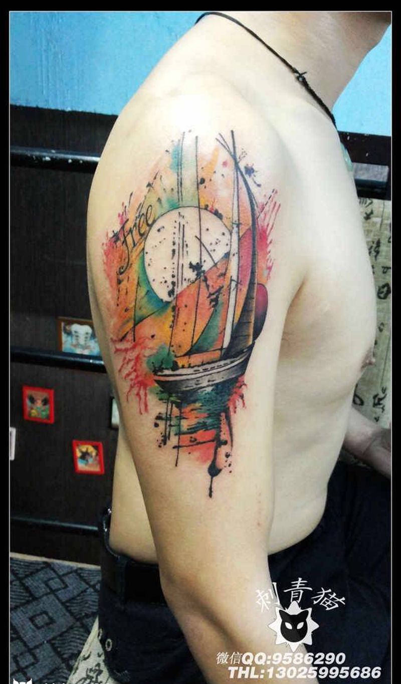 水彩帆船纹身图片_成品手臂手部欧美静物纹身图案