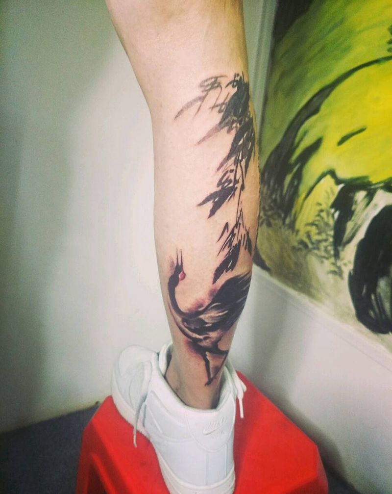 仙鹤纹身图片_腿部传统国画动物手稿纹身图案