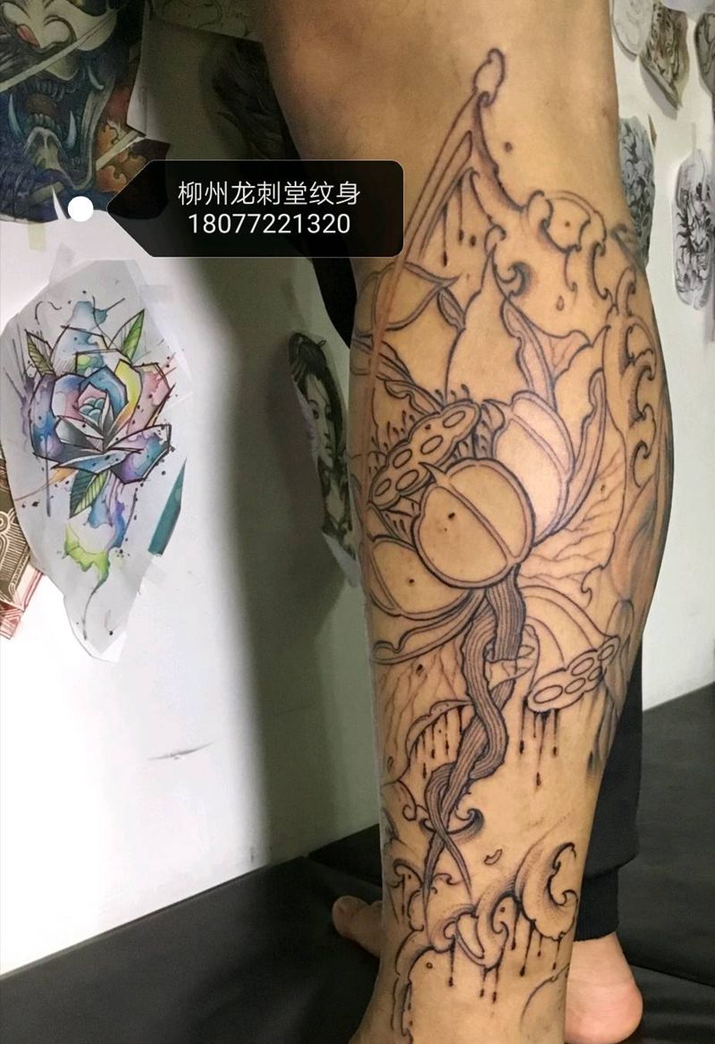 只要线条的水浪花纹身图片_腿部浪花荷花线条纹身图案