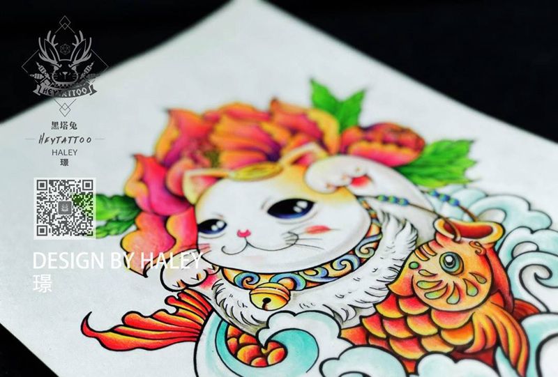 原创之招财喵纹身图片_成品插画原创动物手臂纹身图案