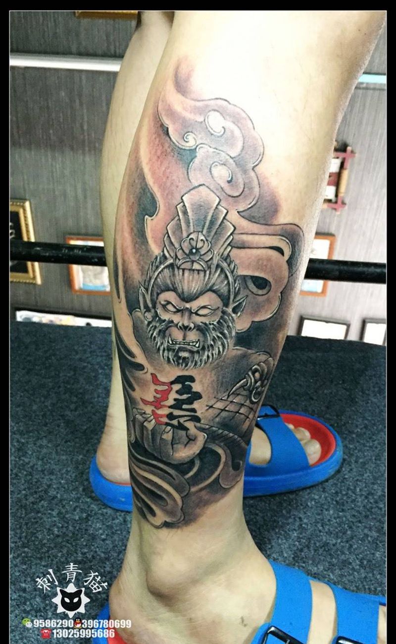 齐天大圣纹身图片_成品腿部脚部传统人物鬼神纹身图案