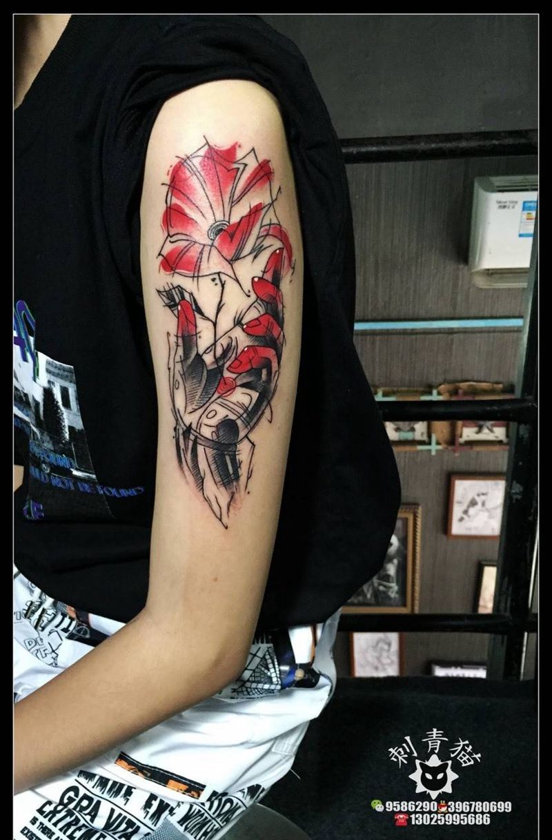 手中花纹身图片_成品手臂手部欧美清新植物水彩点线点刺玫瑰纹身图案