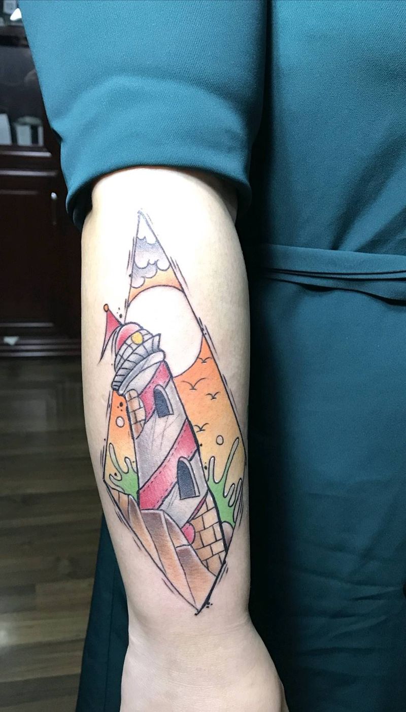 彩色建筑纹身图片_手臂纹身图案