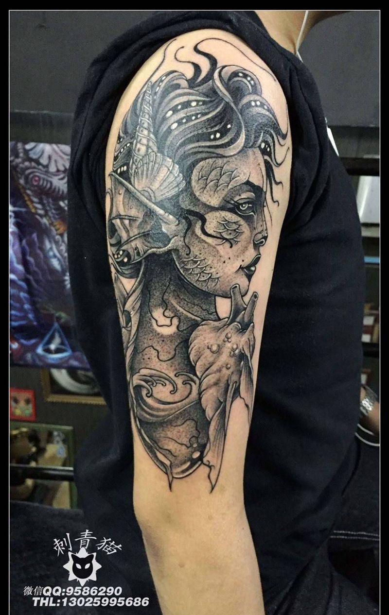海妖纹身图片_成品手臂手部欧美人物鬼神纹身图案