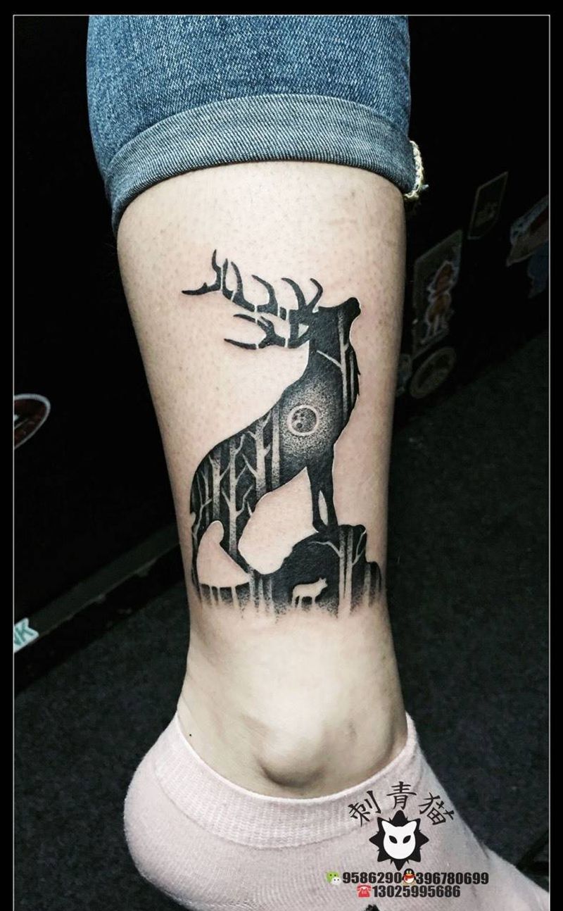 麋鹿纹身图片_成品腿部脚部欧美清新动物点刺纹身图案