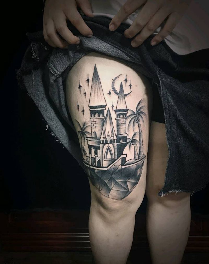 建筑覆盖旧文身纹身图片_腿部新传统建筑覆盖纹身图案