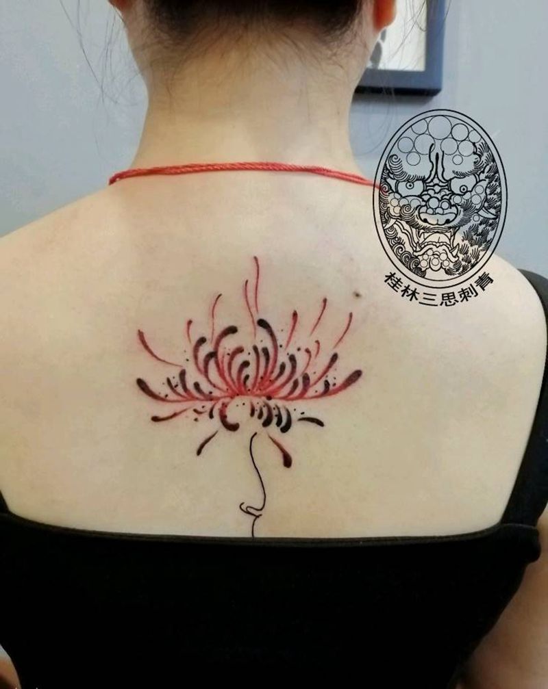 彼岸花纹身图片_背部水彩新传统纹身图案