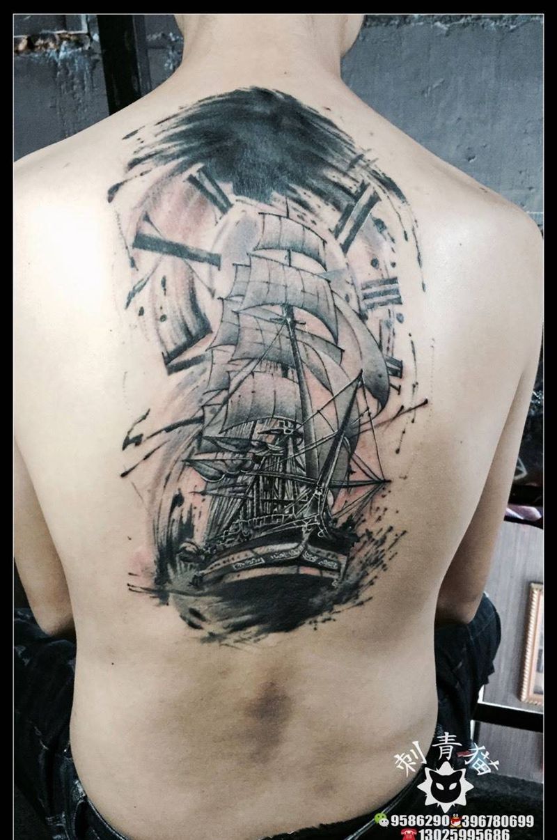 帆船.纹身图片_成品背部颈部欧美帆船纹身图案