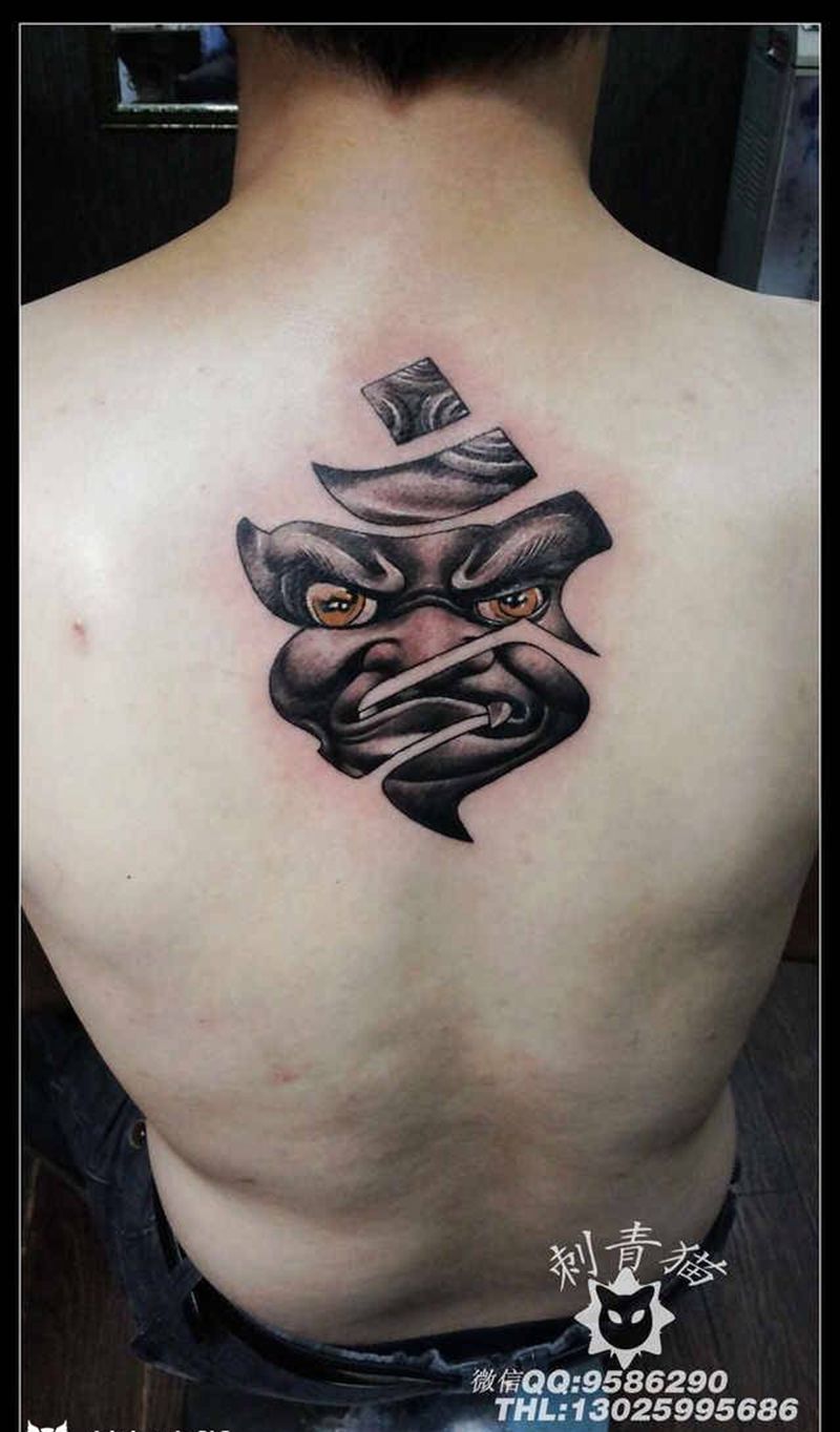 不动明王纹身图片_成品背部颈部传统鬼神纹身图案