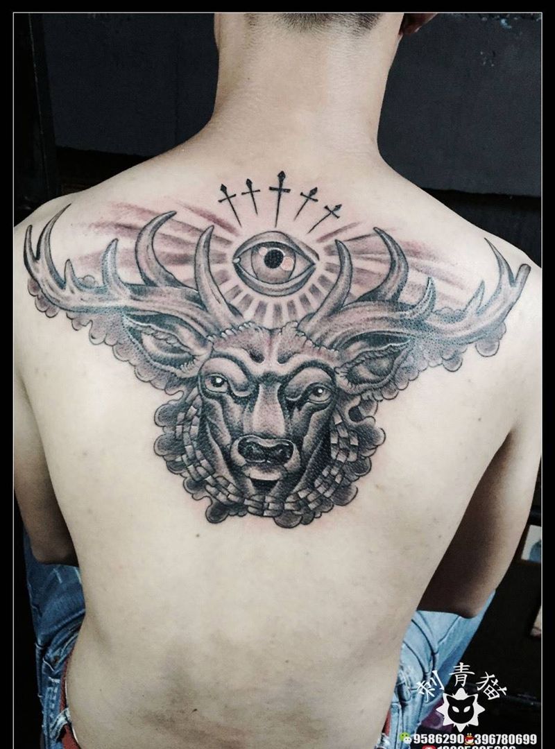 麋鹿纹身图片_成品颈部欧美清新动物麋鹿纹身图案