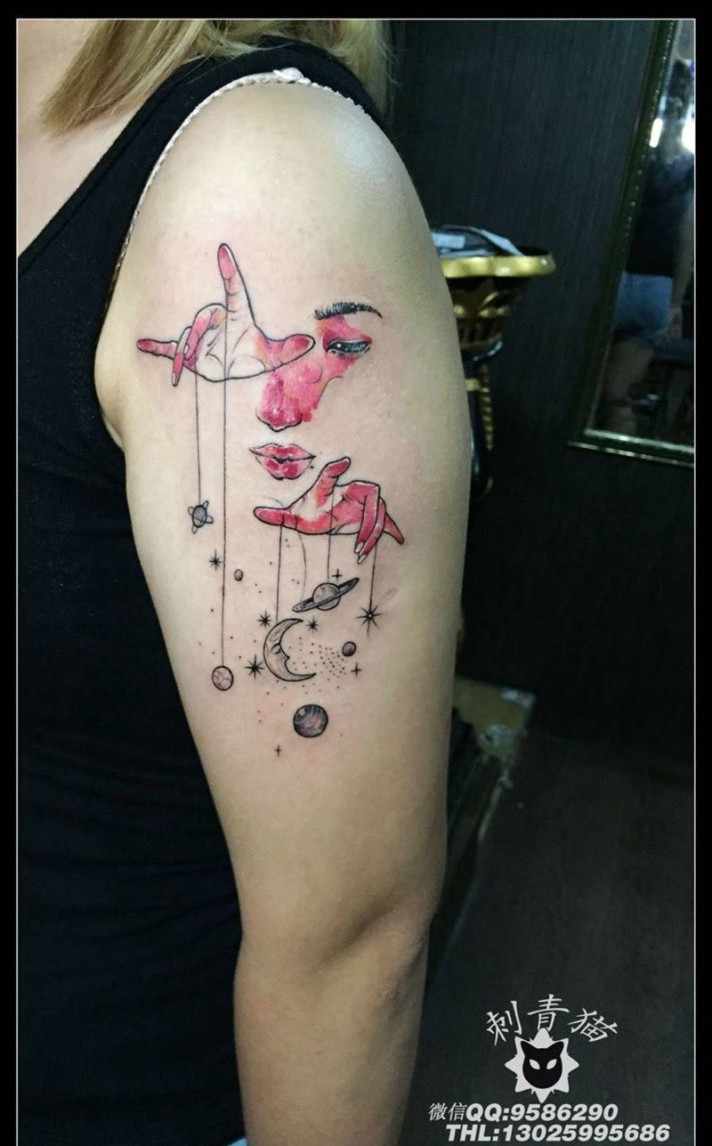 提线星空纹身图片_成品手臂手部清新人物星空纹身图案