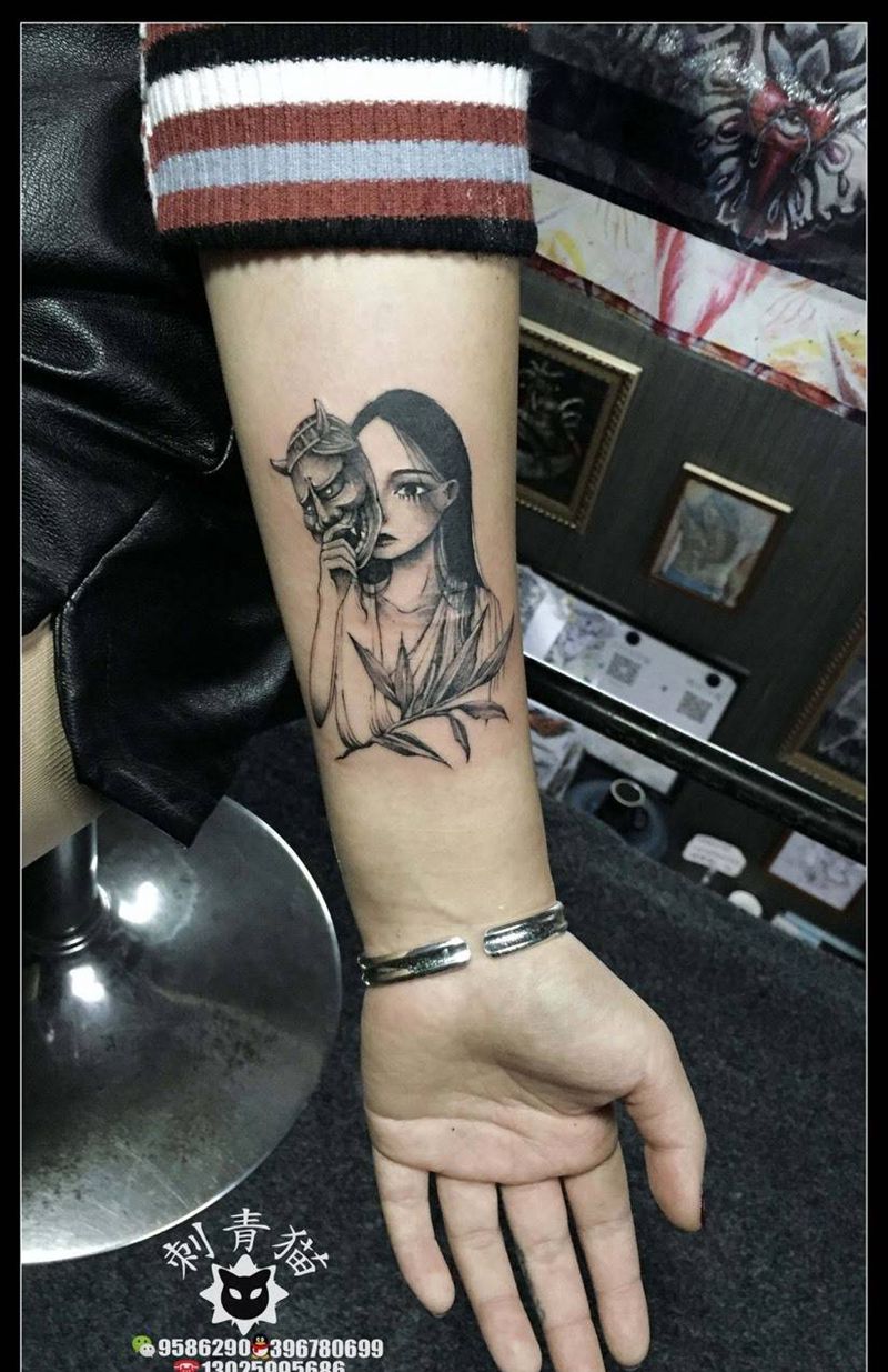 面具纹身图片_成品手臂手部传统清新人物艺妓面具般若美女纹身图案