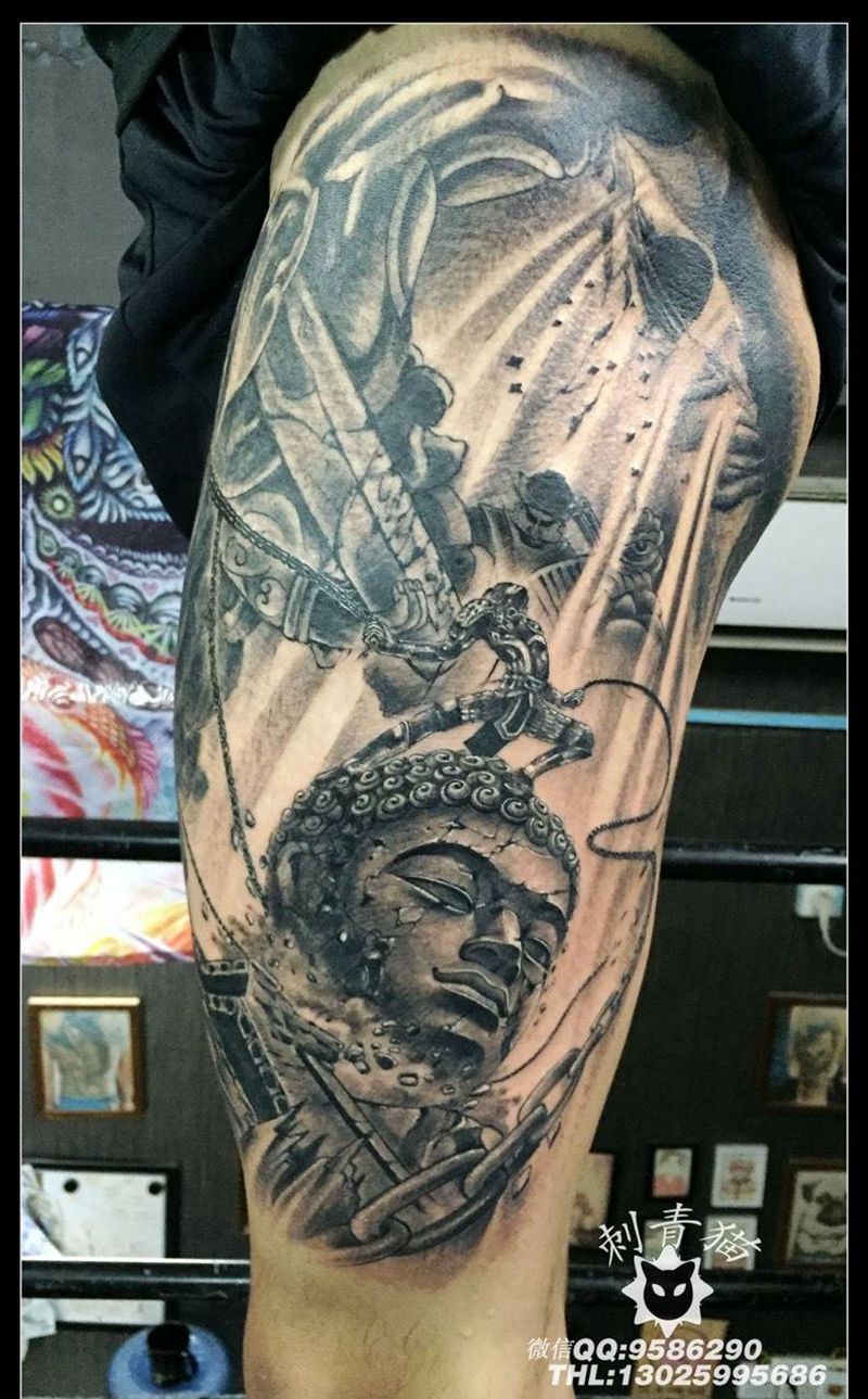 齐天大圣纹身图片_成品腿部臀部传统鬼神动物纹身图案