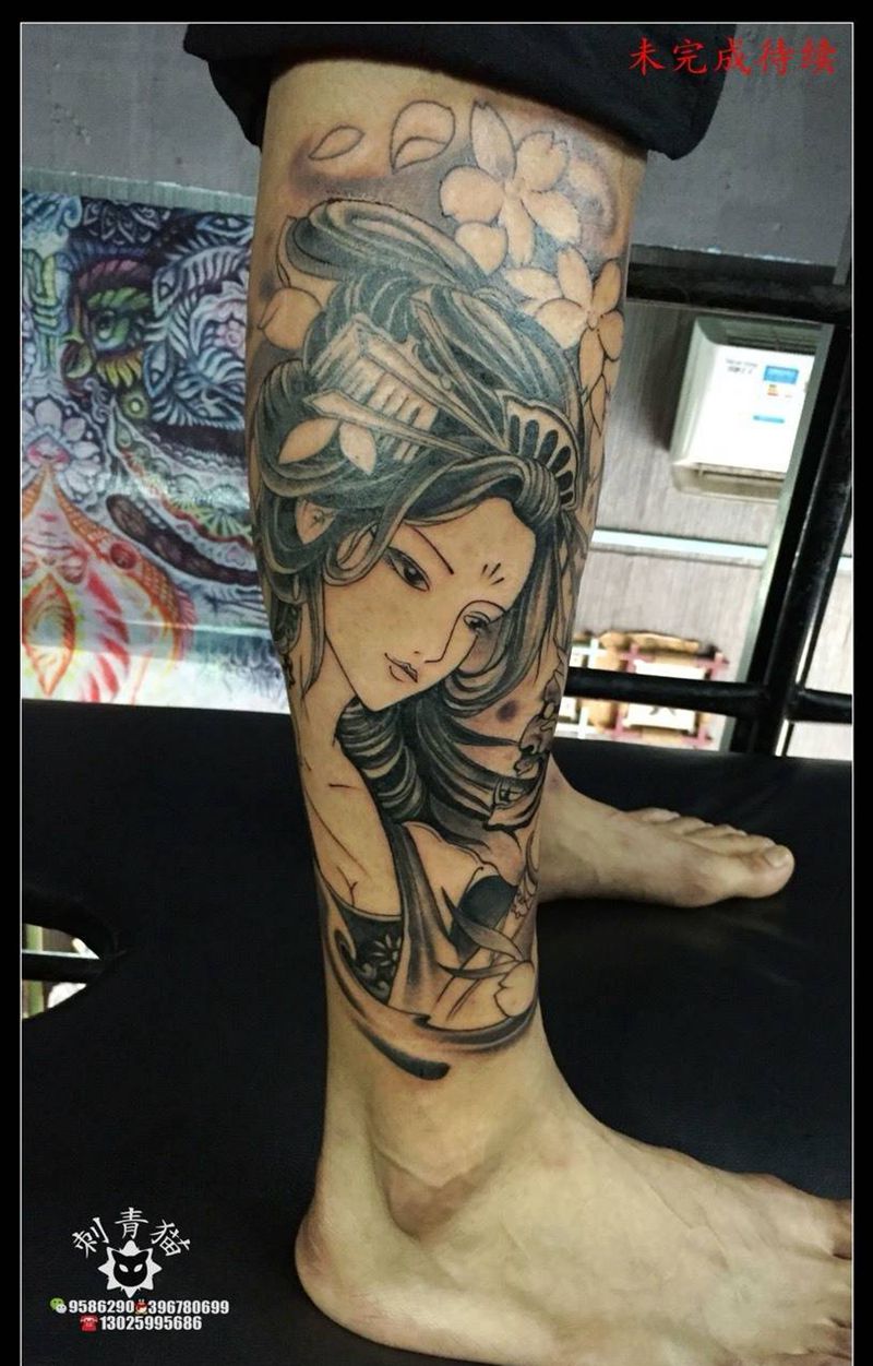 艺妓.未完成纹身图片_成品腿部脚部传统人物清新纹身图案