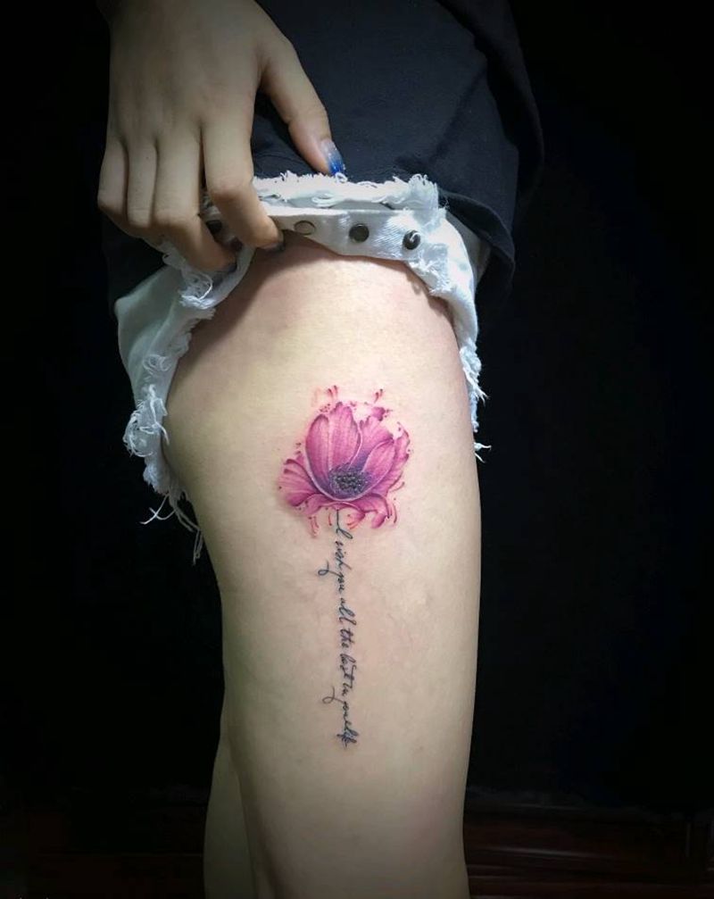 神奇的遮盖黑痣纹身图片_腿部水彩植物遮盖纹身图案