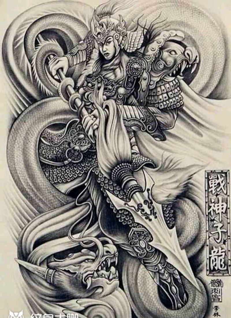 赵云纹身图片_背部传统人物手稿纹身图案