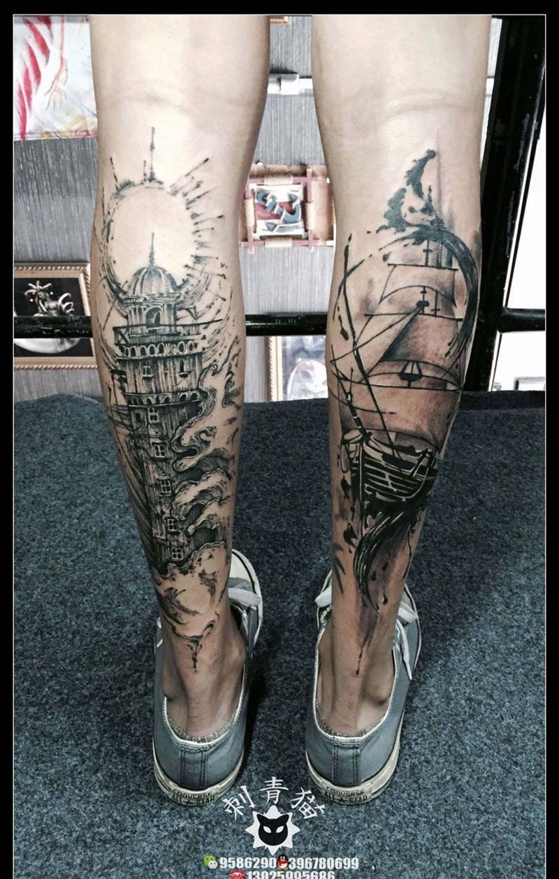 灯塔帆船纹身图片_成品腿部欧美清新静物帆船灯塔纹身图案