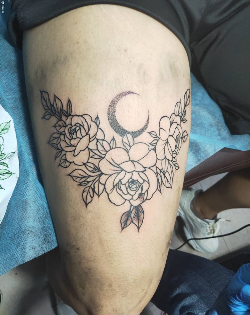 素花纹身图片_腿部点刺纹身图案