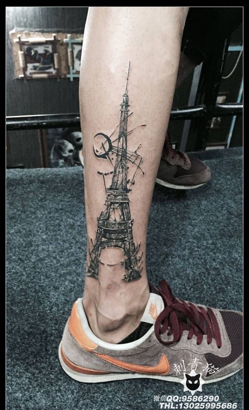 埃菲尔铁塔纹身图片_成品腿部脚部欧美静物铁塔纹身图案