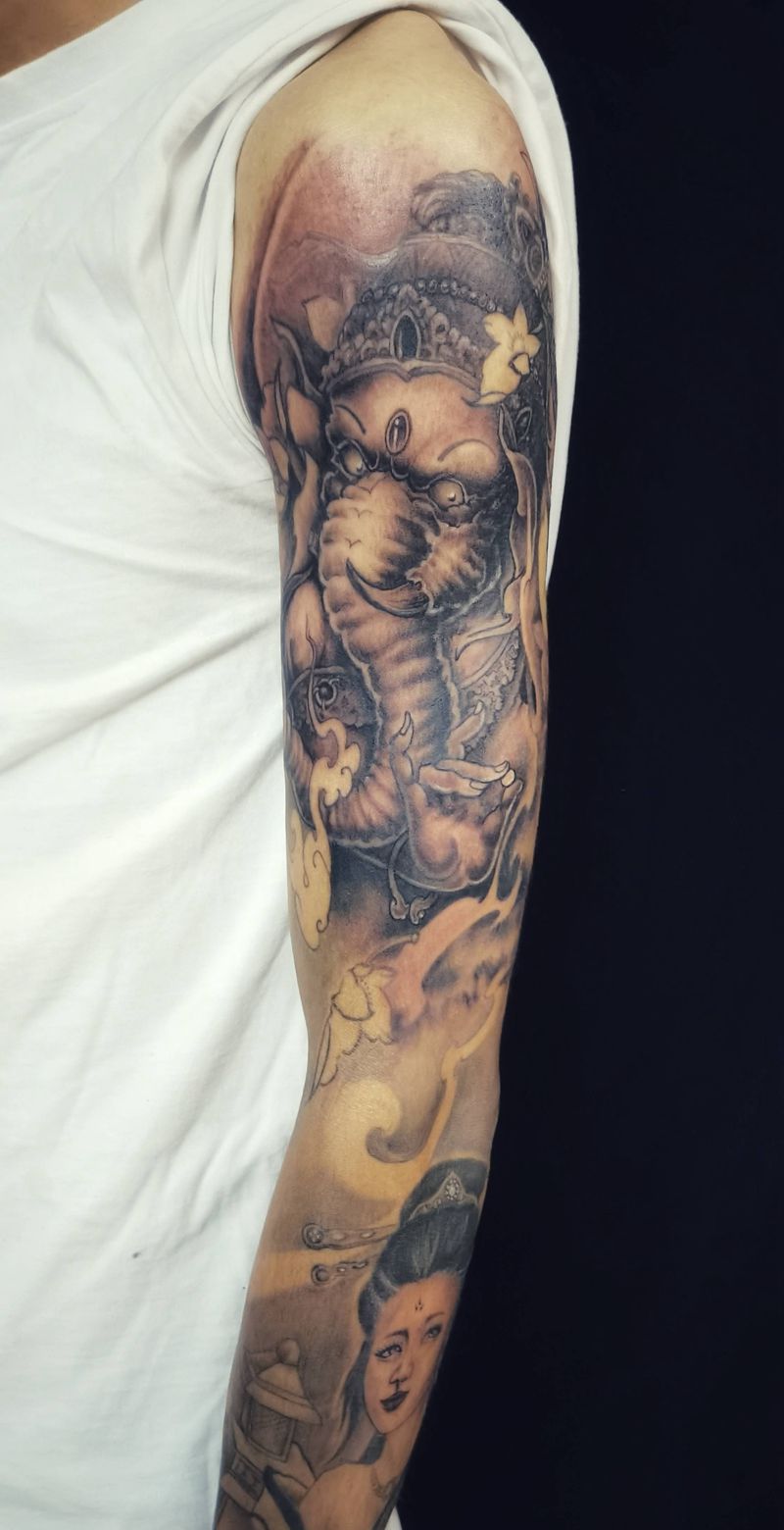 传统花臂完成～纹身图片_手臂新传统纹身图案