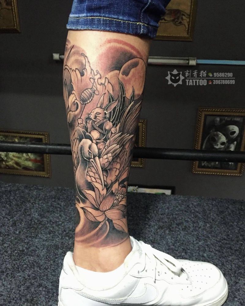 兔鹤纹身图片_腿部脚部老传统纹身图案