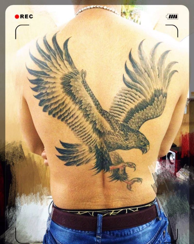 鹰纹身图片_成品背部传统动物纹身图案