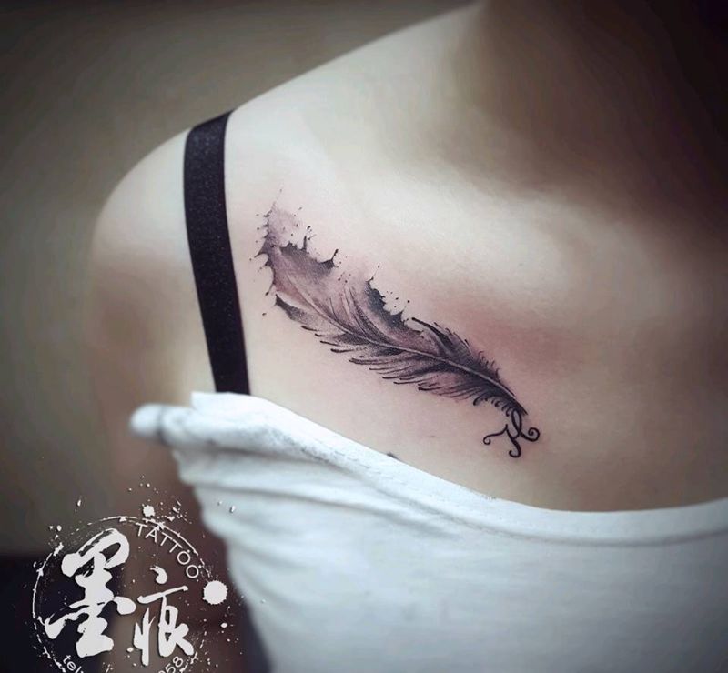 羽毛纹身图片_肩部胸部手臂手部脚部欧美清新原创成品纹身图案