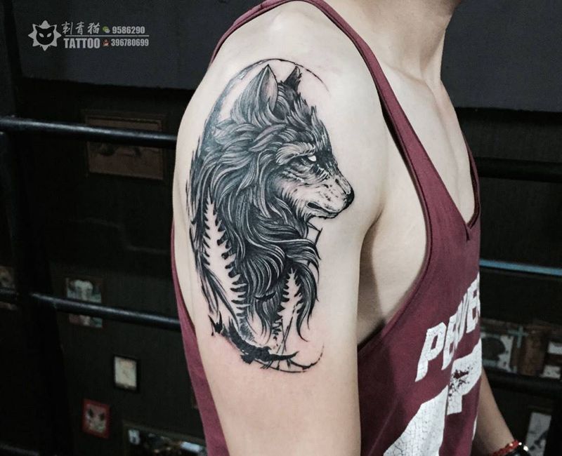 狼纹身图片_成品手臂手部欧美清新动物点线点刺狼纹身图案