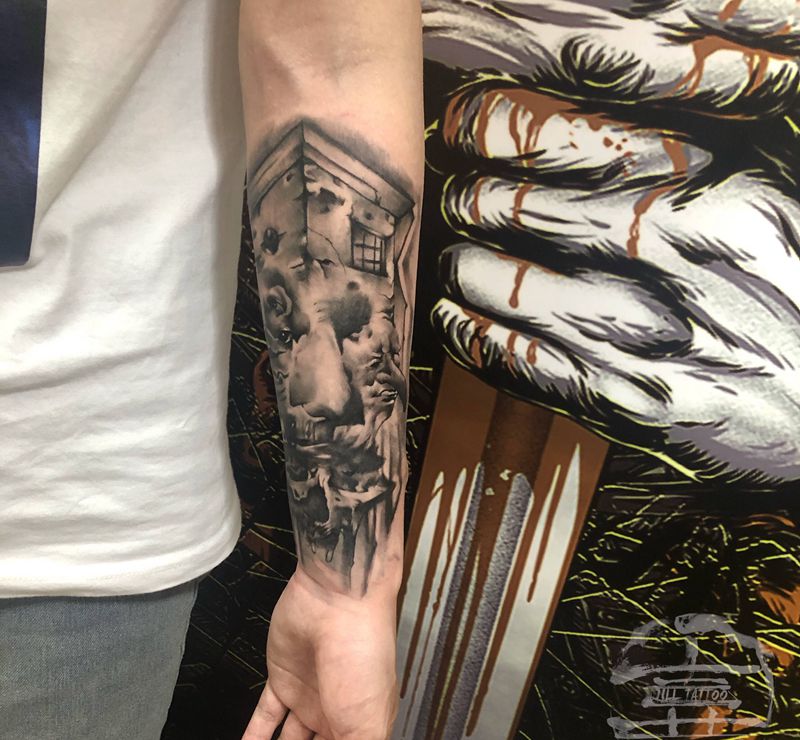 消逝的童话纹身图片_手臂欧美写实素描纹身图案