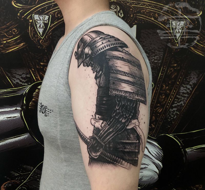 武士纹身图片_手臂点刺纹身图案