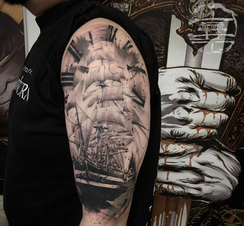 泼墨帆船纹身图片_手臂水墨帆船纹身图案