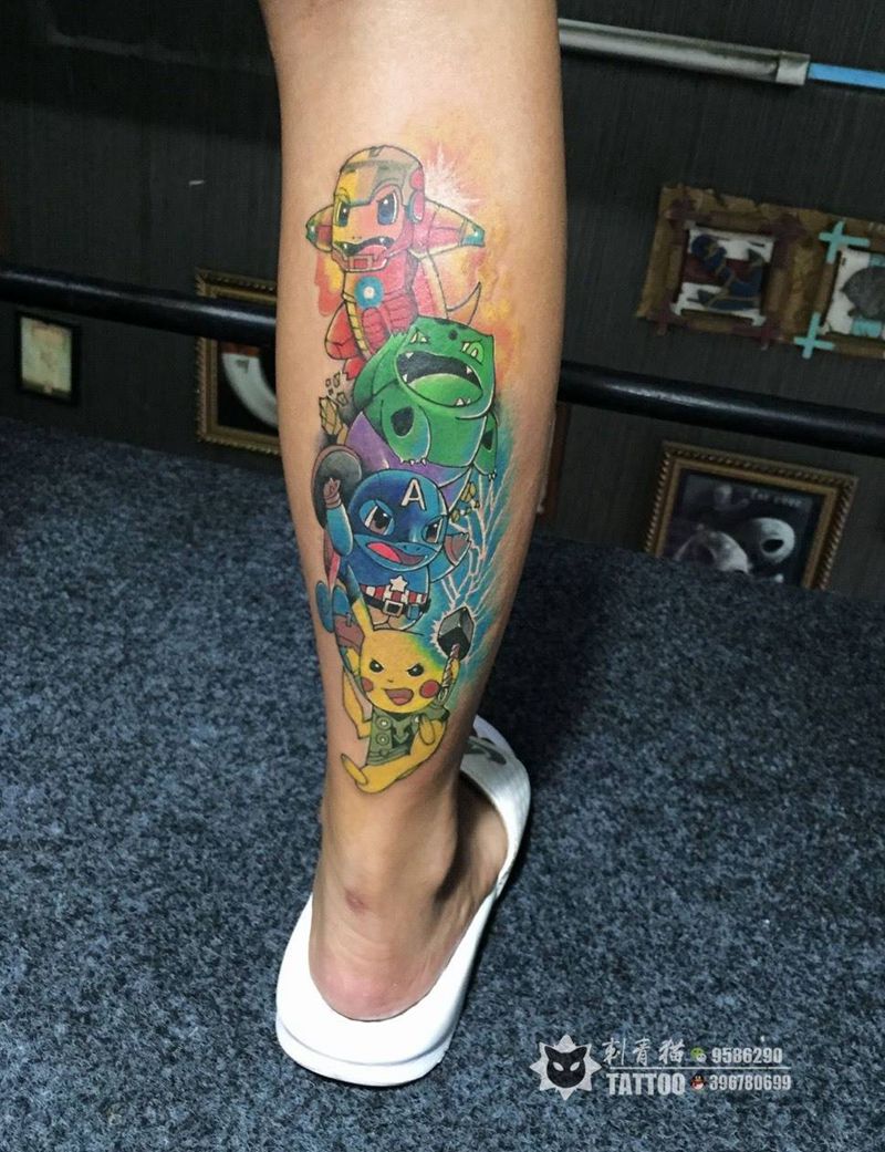 漫威版神奇宝贝纹身图片_成品腿部欧美清新动物人物卡通动漫纹身图案