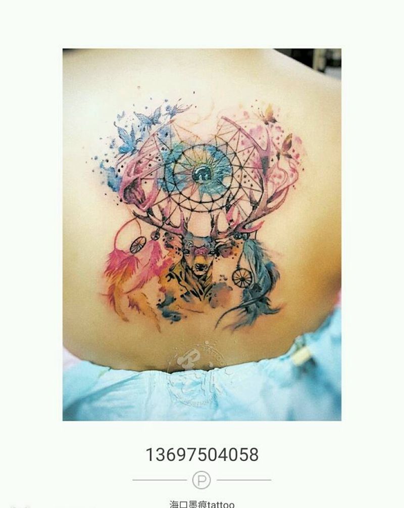 鹿纹身图片_肩部背部欧美清新几何动物植物静物成品纹身图案