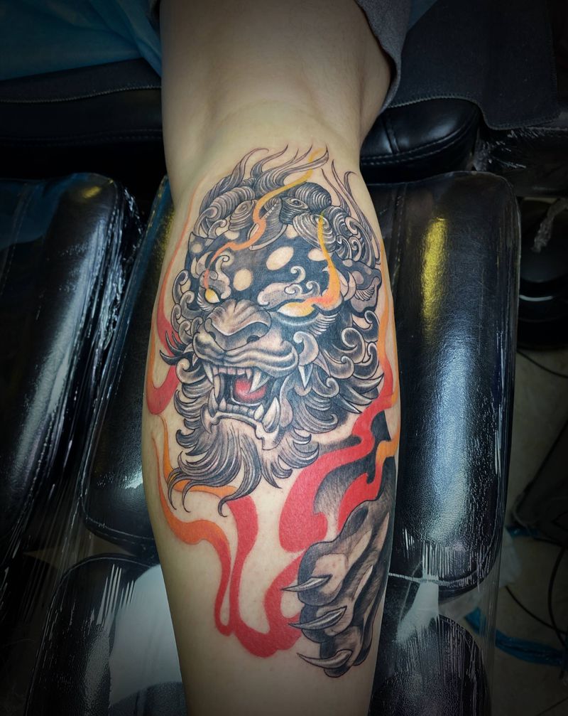 胎记遮盖唐狮纹身图片_新传统纹身图案