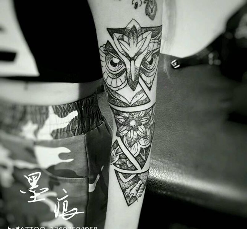 猫头鹰纹身图片_手臂手部欧美清新动物原创成品纹身图案