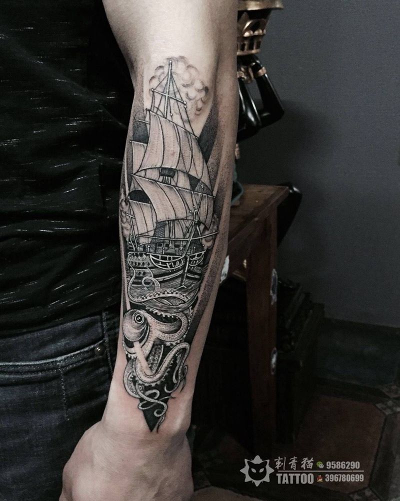 帆船章鱼纹身图片