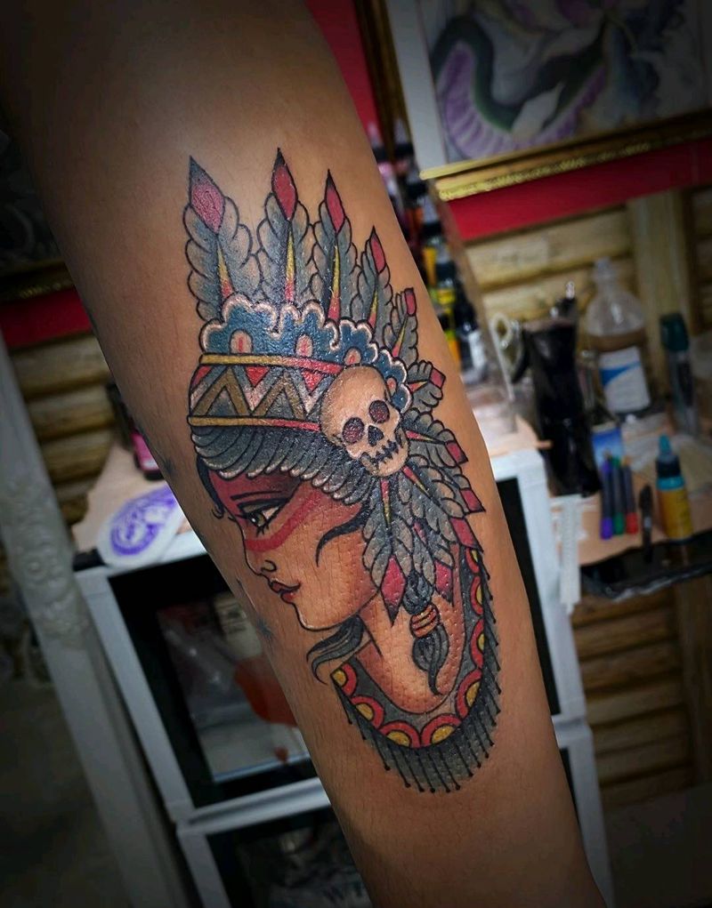 印第安女郎纹身图片_手臂Old School纹身图案