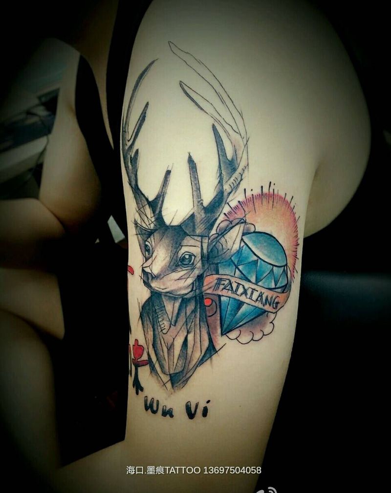 鹿,为客人设计纹身图片_手臂手部欧美动物静物原创成品纹身图案