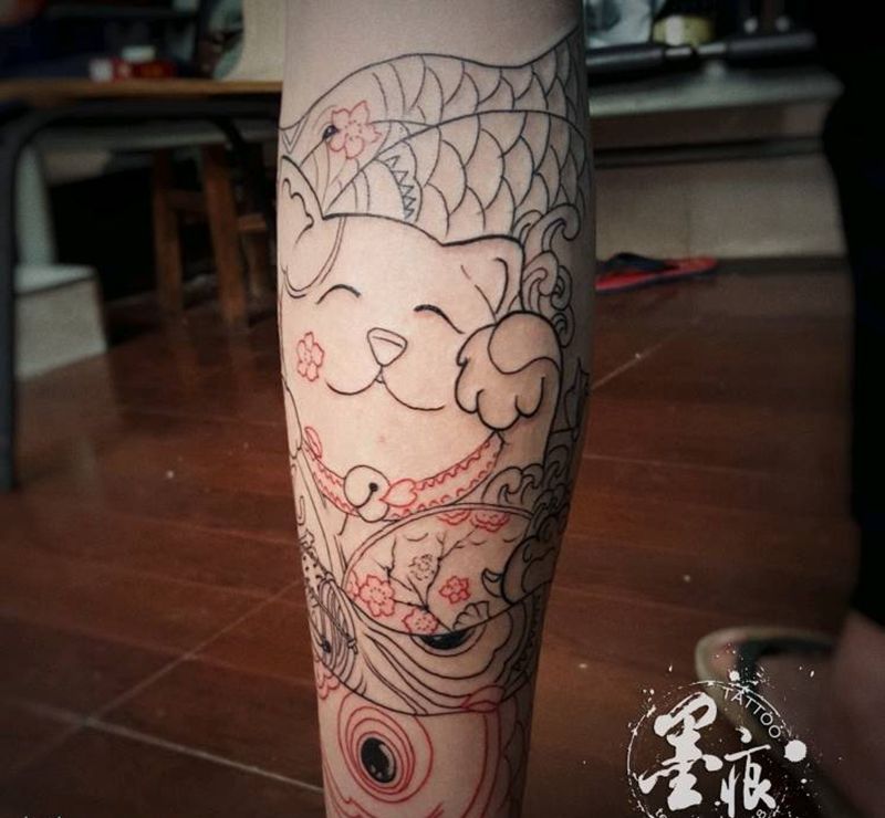 招财猫，线条纹身图片_传统清新动物鬼神宗教原创成品纹身图案