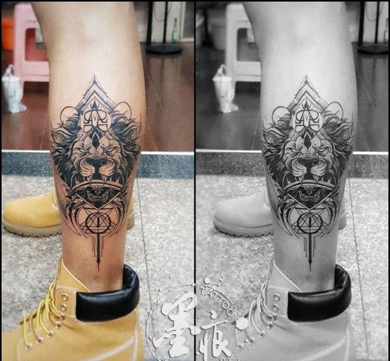 几何．点刺  狮头纹身图片_脚部欧美清新几何动物原创成品纹身图案