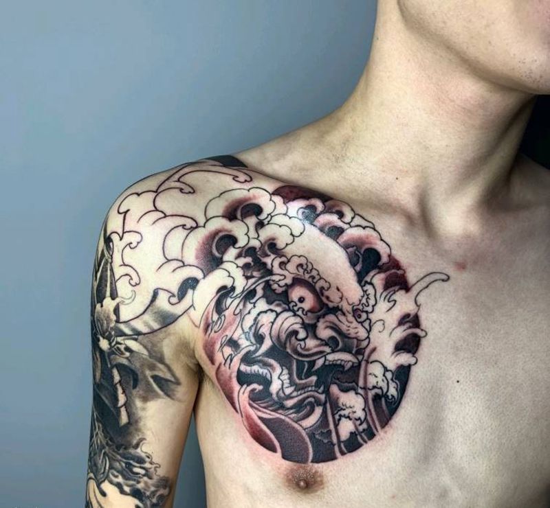 黑白唐狮纹身图片