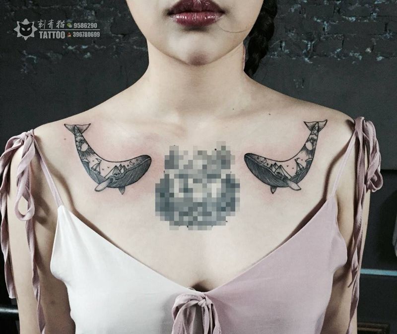 鲸鱼纹身图片_肩部胸部几何点刺鲸鱼纹身图案