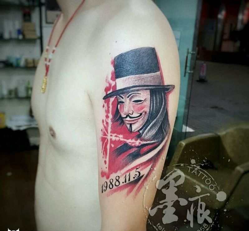 v字仇杀队纹身图片_手臂欧美人物成品纹身图案