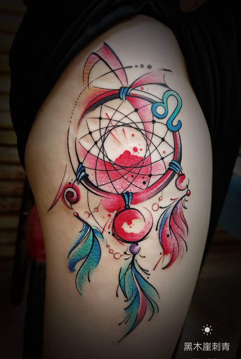 捕梦网纹身图片_腿部水彩捕梦网纹身图案