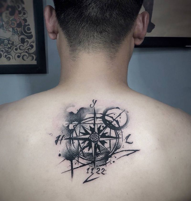 泼墨指南针纹身图片
