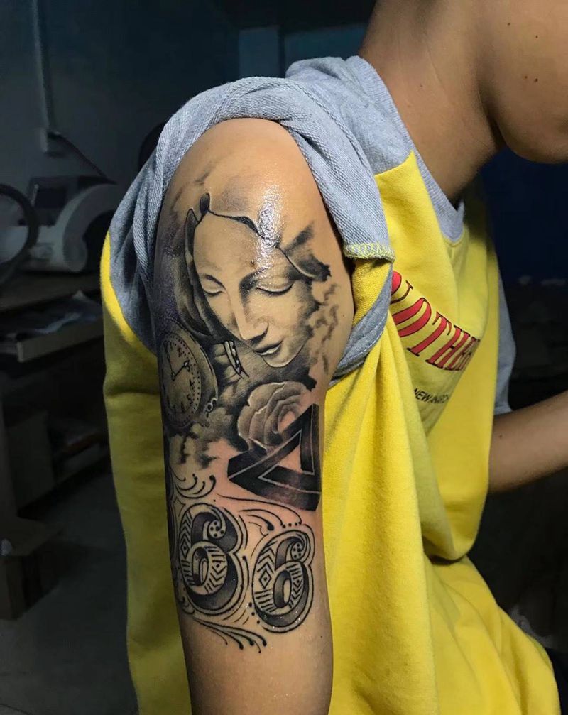 教堂纹身图片_手臂欧美人物宗教肖像成品插画写实纹身图案