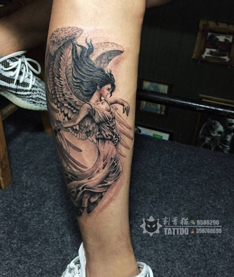 天使纹身图片_成品欧美清新人物天使腿部脚部纹身图案